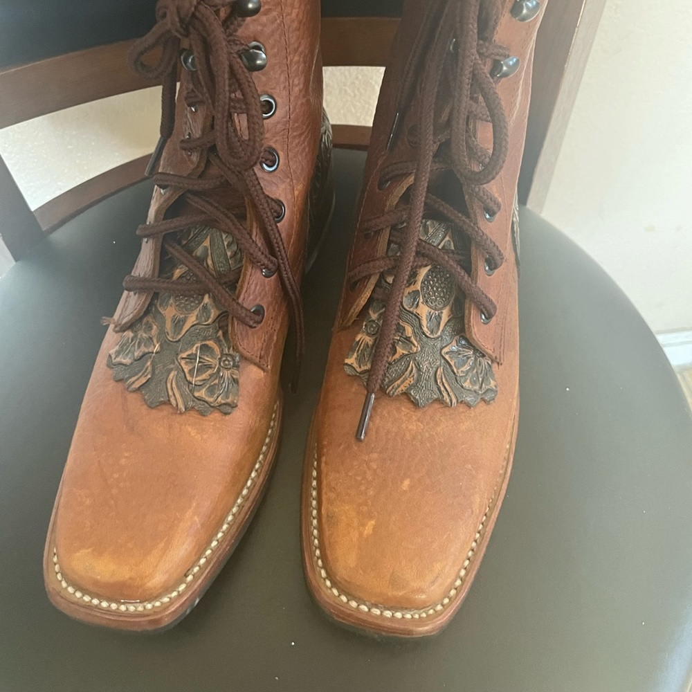 Tooled laced western cowgirl boots